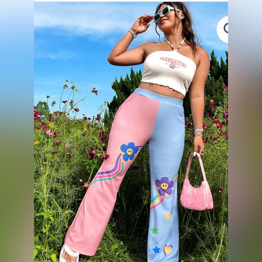 Shein Curve Power Flower Wide Leg Pull On Stretch Pants 60s Hippie festival 4XL